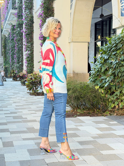 Beige Heart Round Knit Printed Sweater