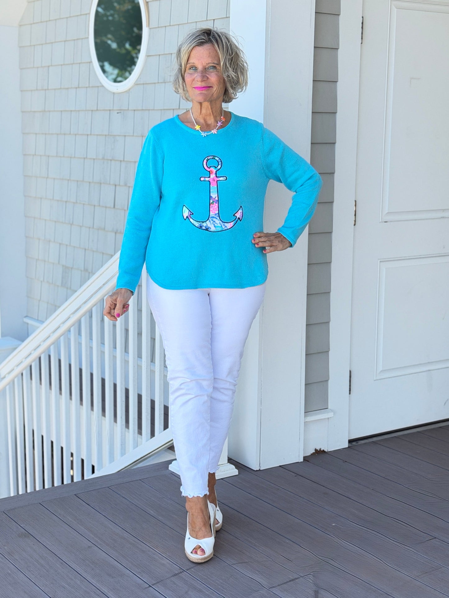 BEACH CLUB AQUA CAPE COD ANCHOR SWEATER