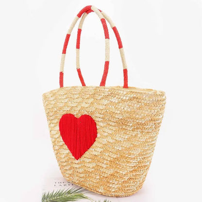 Faux Straw Heart Tote BAg