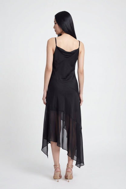 Chiffon Cowl Neck Asymmetrical Midi Dress