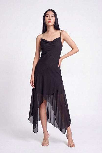 Chiffon Cowl Neck Asymmetrical Midi Dress