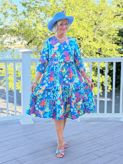 CORAL GARDEN RUFFLE V Neck DRESS