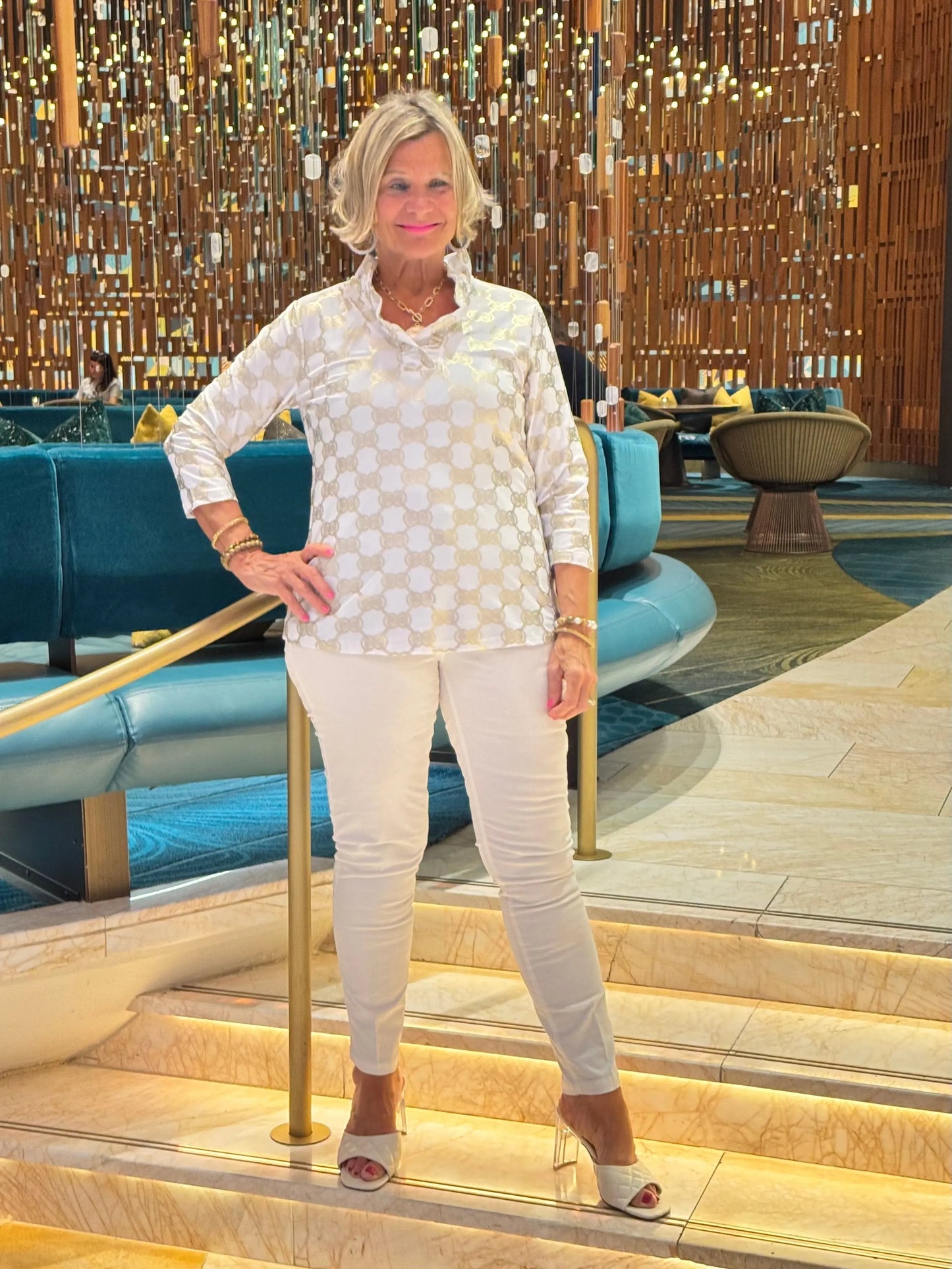 HOLIDAY GOLD AND WHITE RUFFLE TOP