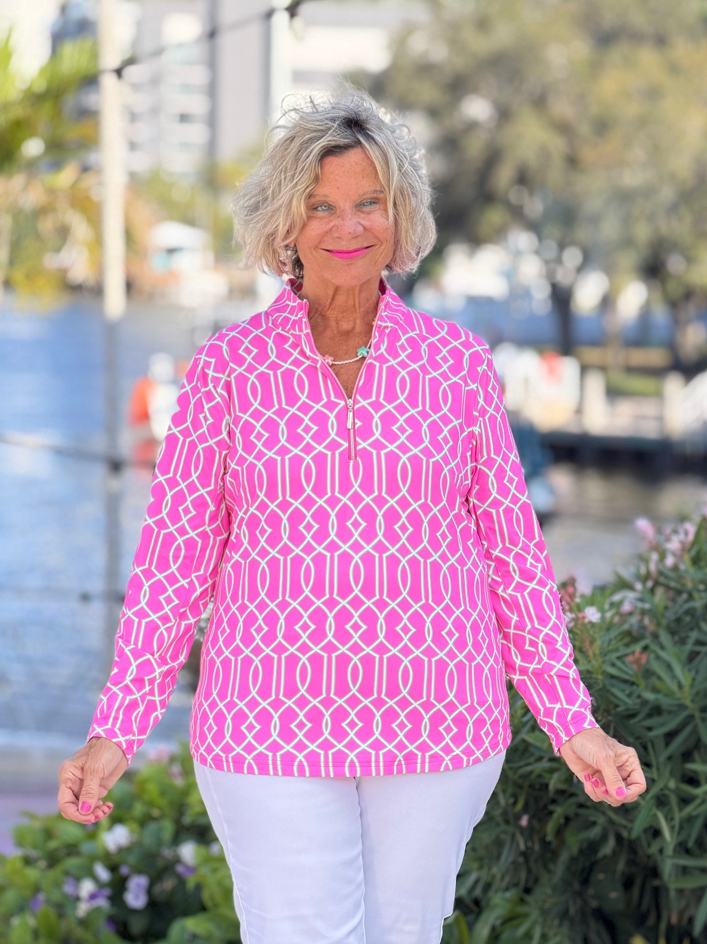 LULU B PALM BEACH LATTICE HALF ZIPPER TOP