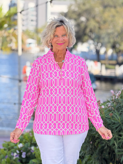 LULU B PALM BEACH LATTICE HALF ZIPPER TOP
