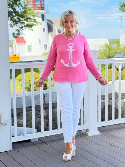DOCKSIDE NAUTICAL PINK STRIPE ANCHOR SWEATER