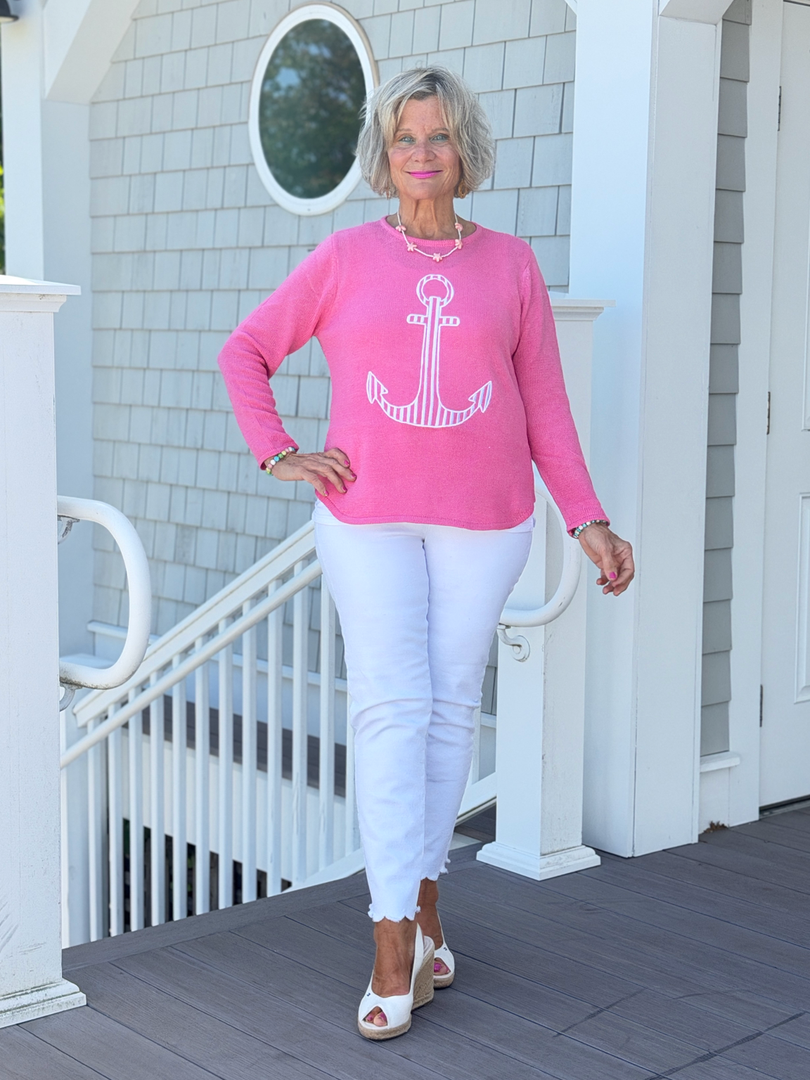 DOCKSIDE NAUTICAL PINK STRIPE ANCHOR SWEATER