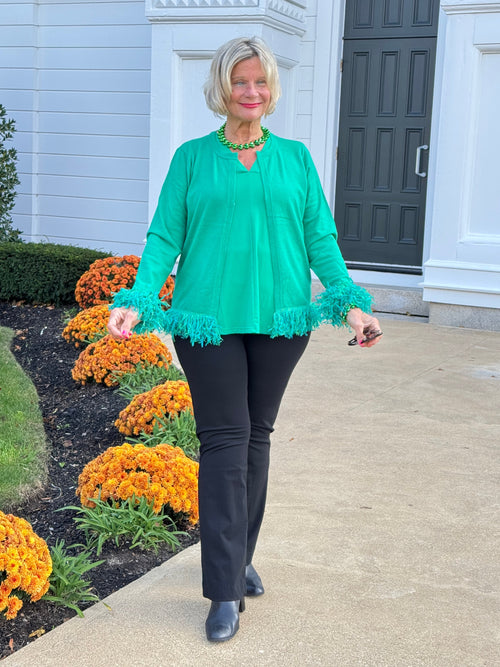 LULU-B EMERALD CASHMERE FRINGE FANCY CARDIGAN