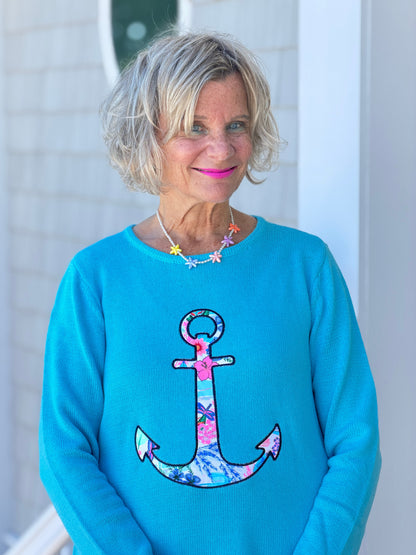 BEACH CLUB AQUA CAPE COD ANCHOR SWEATER