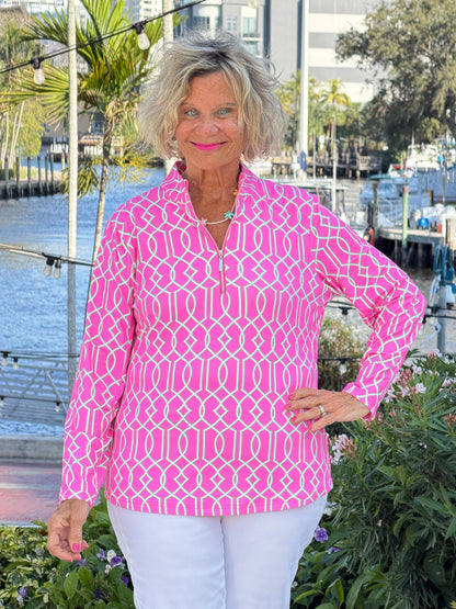 LULU B PALM BEACH LATTICE HALF ZIPPER TOP