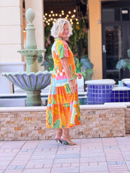 Casual Bohemian ORANGE high-waisted color contrast dress