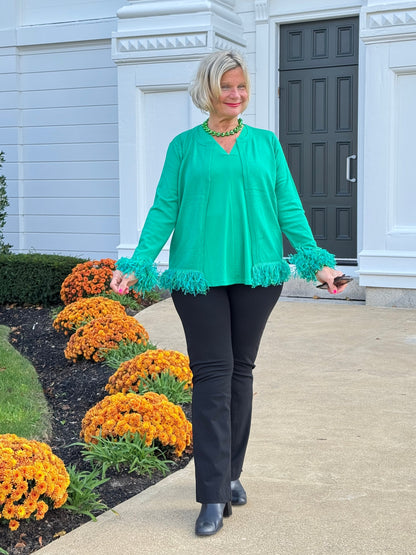 LULU-B EMERALD CASHMERE FRINGE FANCY CARDIGAN