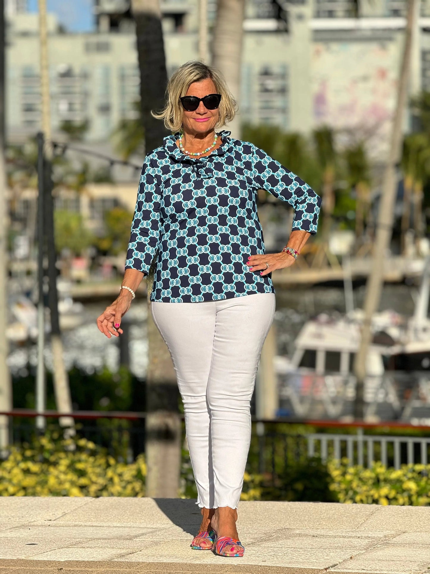 BLUE MEDALLION RUFFLE SLEEVE TOP