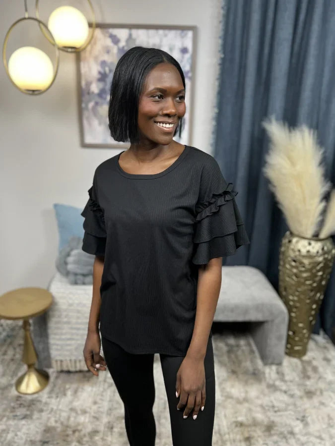 Look Inside You Women's Ribbed Ruffle Short Sleeve Top