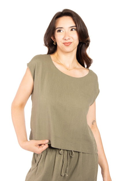 Women's Relaxed Linen Blend Short Sleeve Top