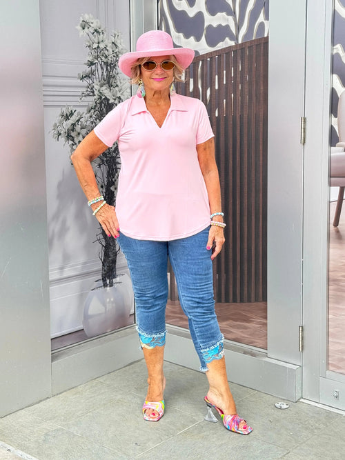 LULU-B CLEAR PINK SHORT SLEEVE COLLAR