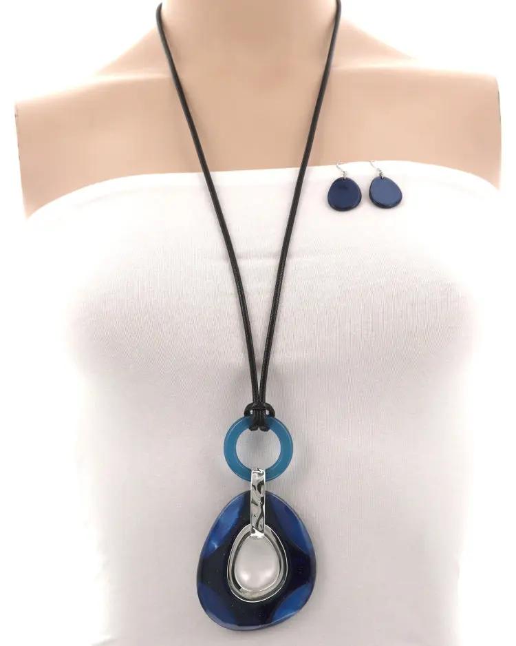 Acetate Oval Pendant Cord Long Necklace & Earring Set