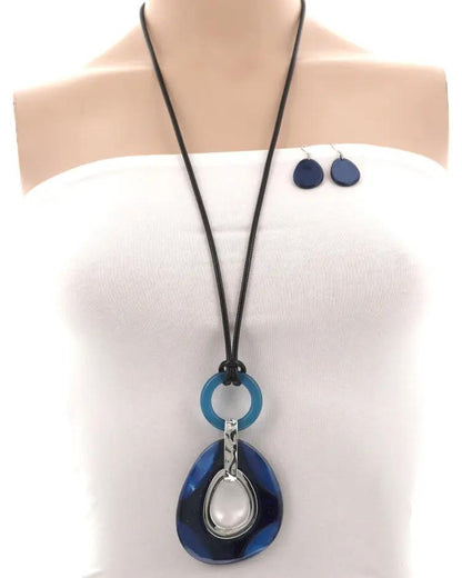 Acetate Oval Pendant Cord Long Necklace & Earring Set