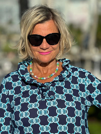 BLUE MEDALLION RUFFLE SLEEVE TOP