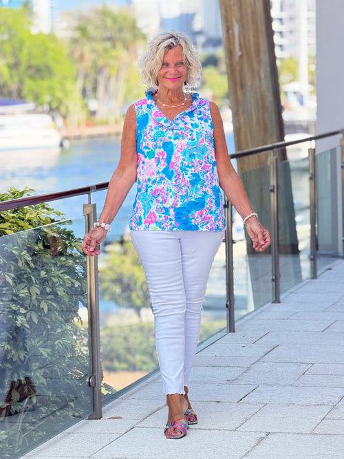 LULU B PALM BEACH SPLASH SLEEVELESS RUFFLE