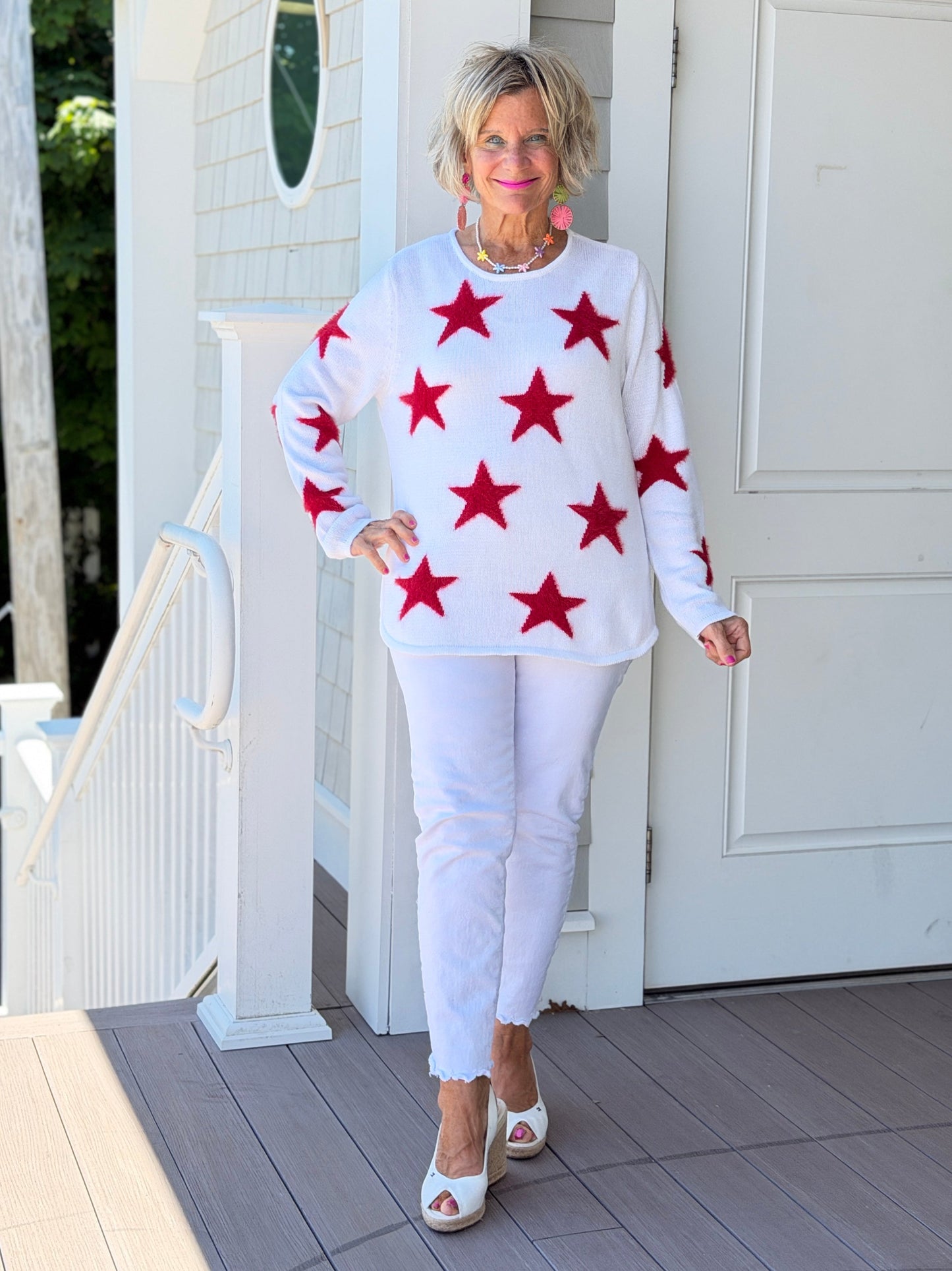 LULU B DOCKSIDE WHITE RED STAR FUZZY SWEATER