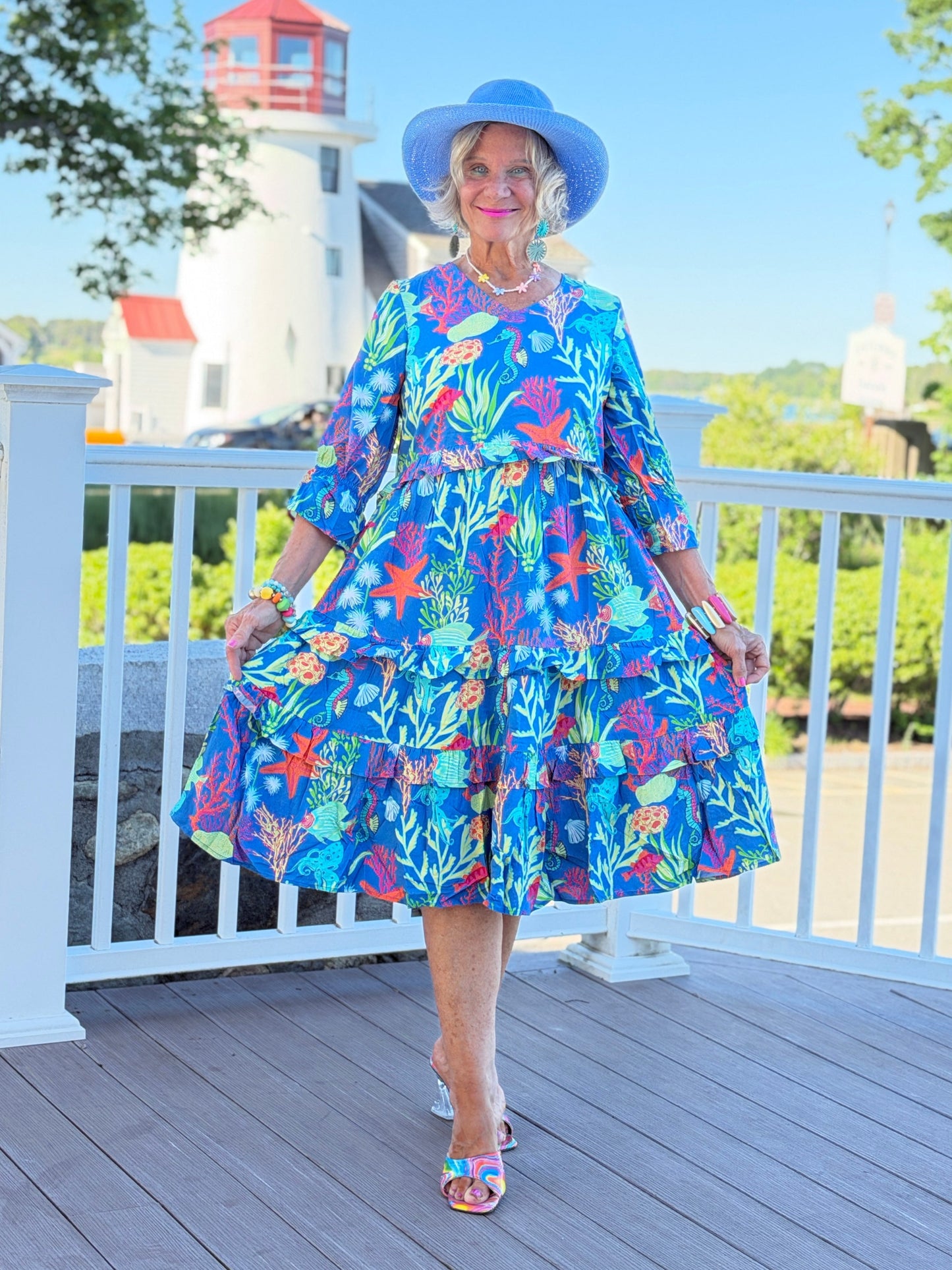 CORAL GARDEN RUFFLE V Neck DRESS
