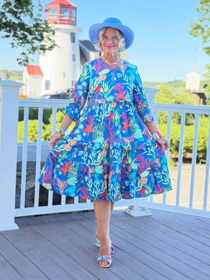 CORAL GARDEN RUFFLE V Neck DRESS