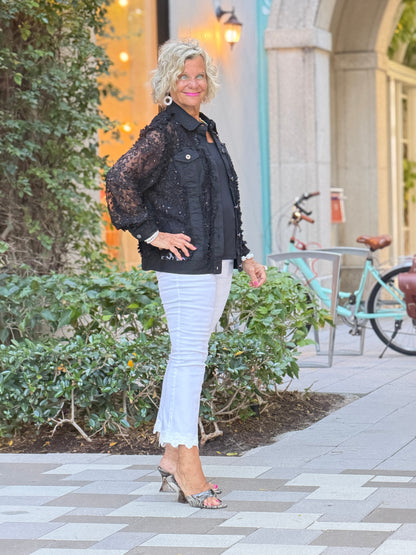 Cropped Flare Twill Jeans With Floral Lace Hem