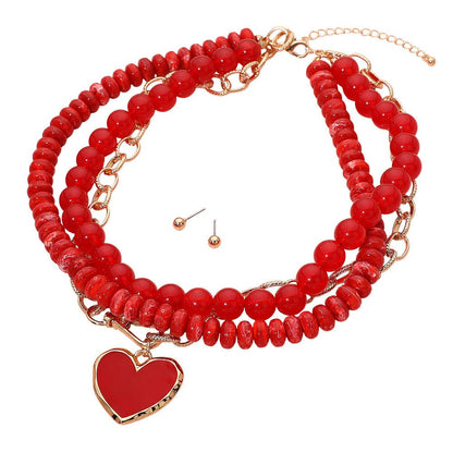 Enamel Heart Pendant Accent Chunky Beaded Layered Statement Necklace