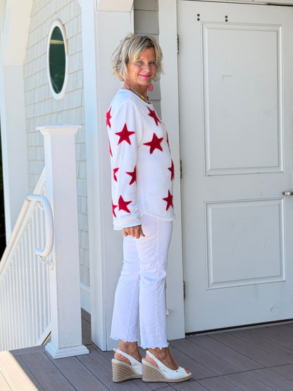 LULU B DOCKSIDE WHITE RED STAR FUZZY SWEATER