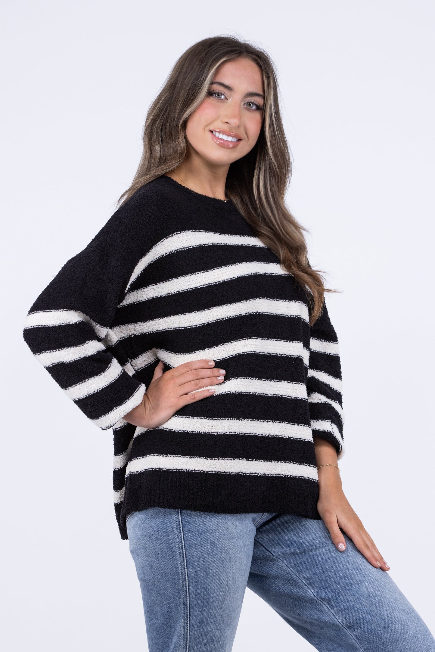 One Day Women's Striped Round Neckline Knit Sweater