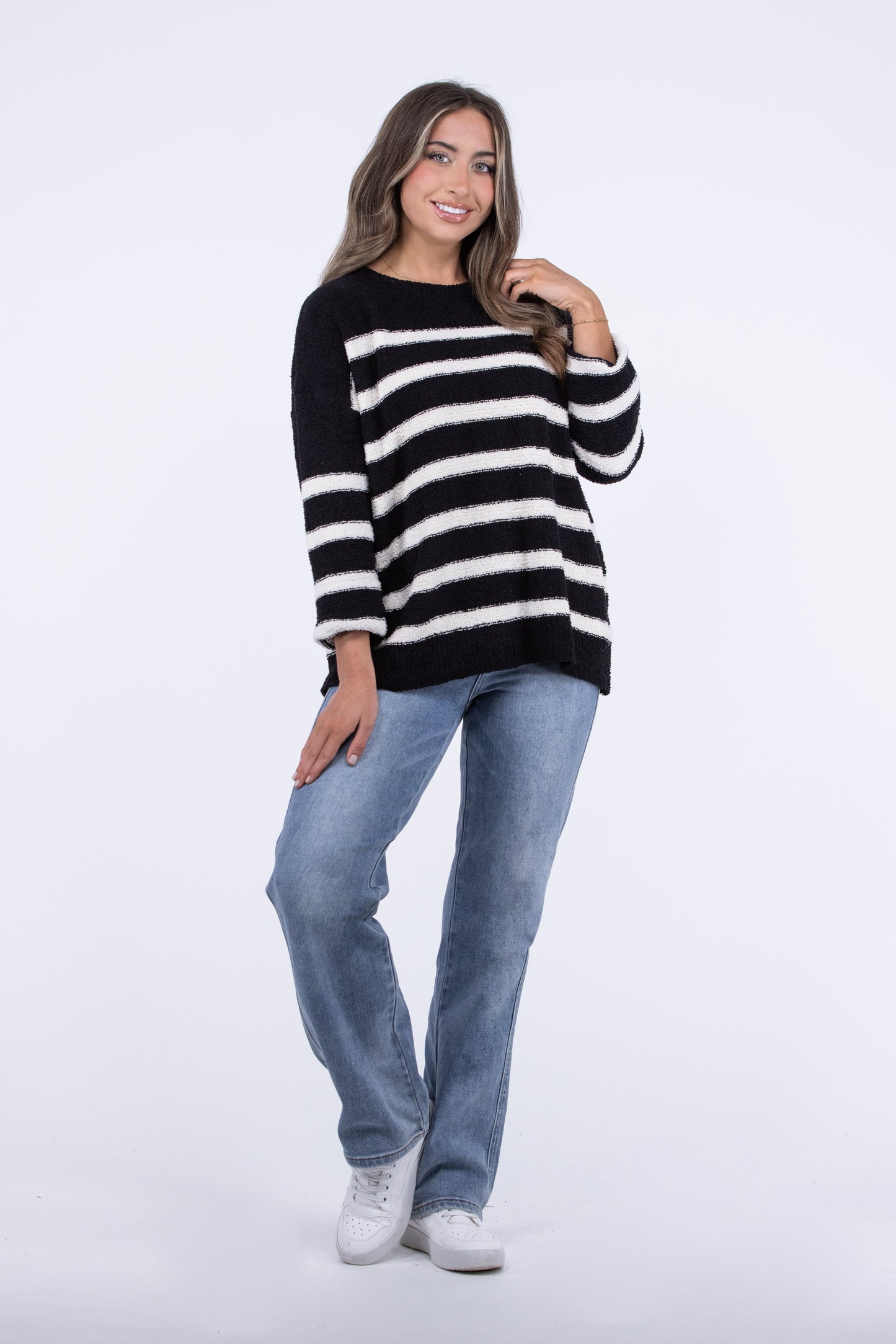 One Day Women's Striped Round Neckline Knit Sweater