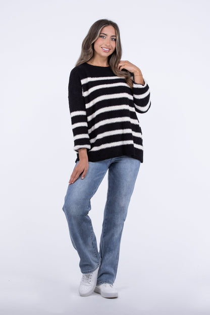 One Day Women's Striped Round Neckline Knit Sweater