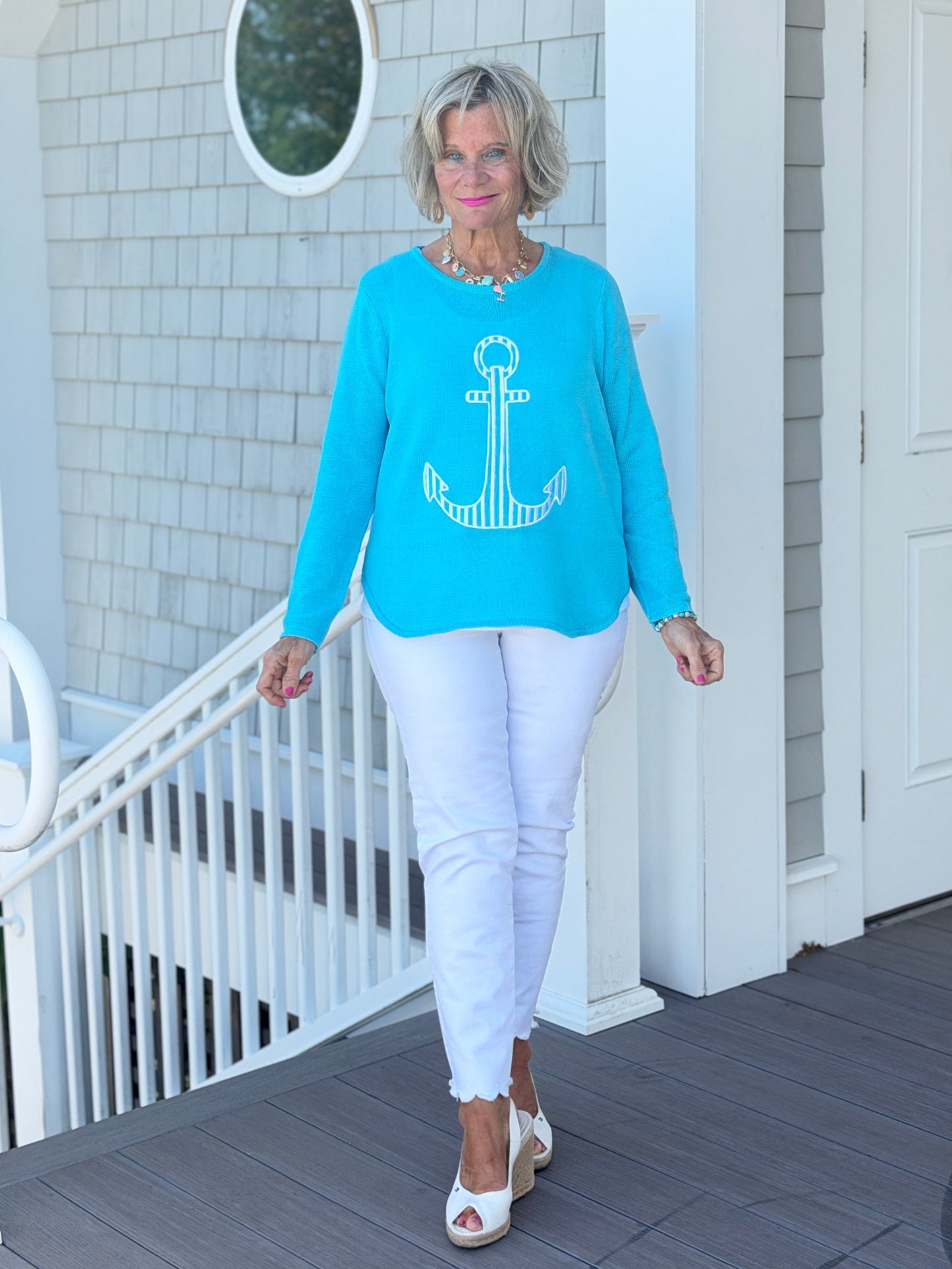 DOCKSIDE NAUTICAL AQUA STRIPE ANCHOR SWEATER