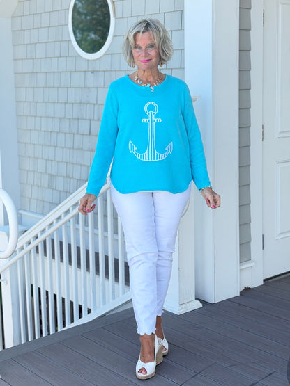 DOCKSIDE NAUTICAL AQUA STRIPE ANCHOR SWEATER
