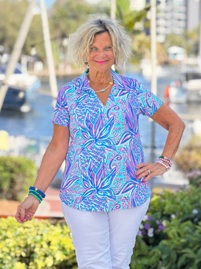LULU B PALM ROYALE SHORT SLEEVE COLLAR TOP