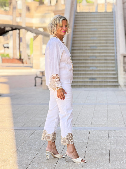 Embroidered Linen Blend Blouse - White