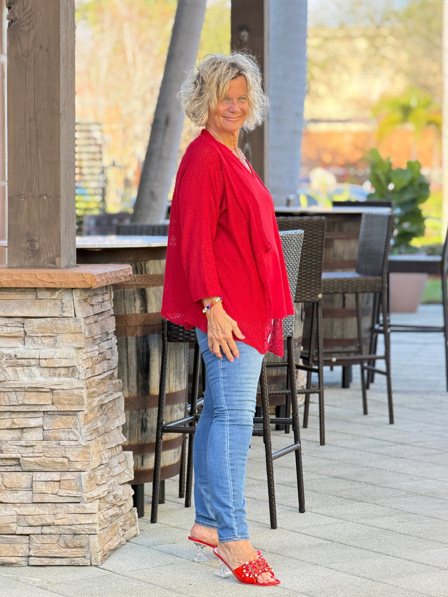 LULU B RED MESH RUFFLE  WRAP