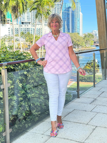 LULU B PINK CHIC SHORT SLEEVE V-NECK COLLAR TOP