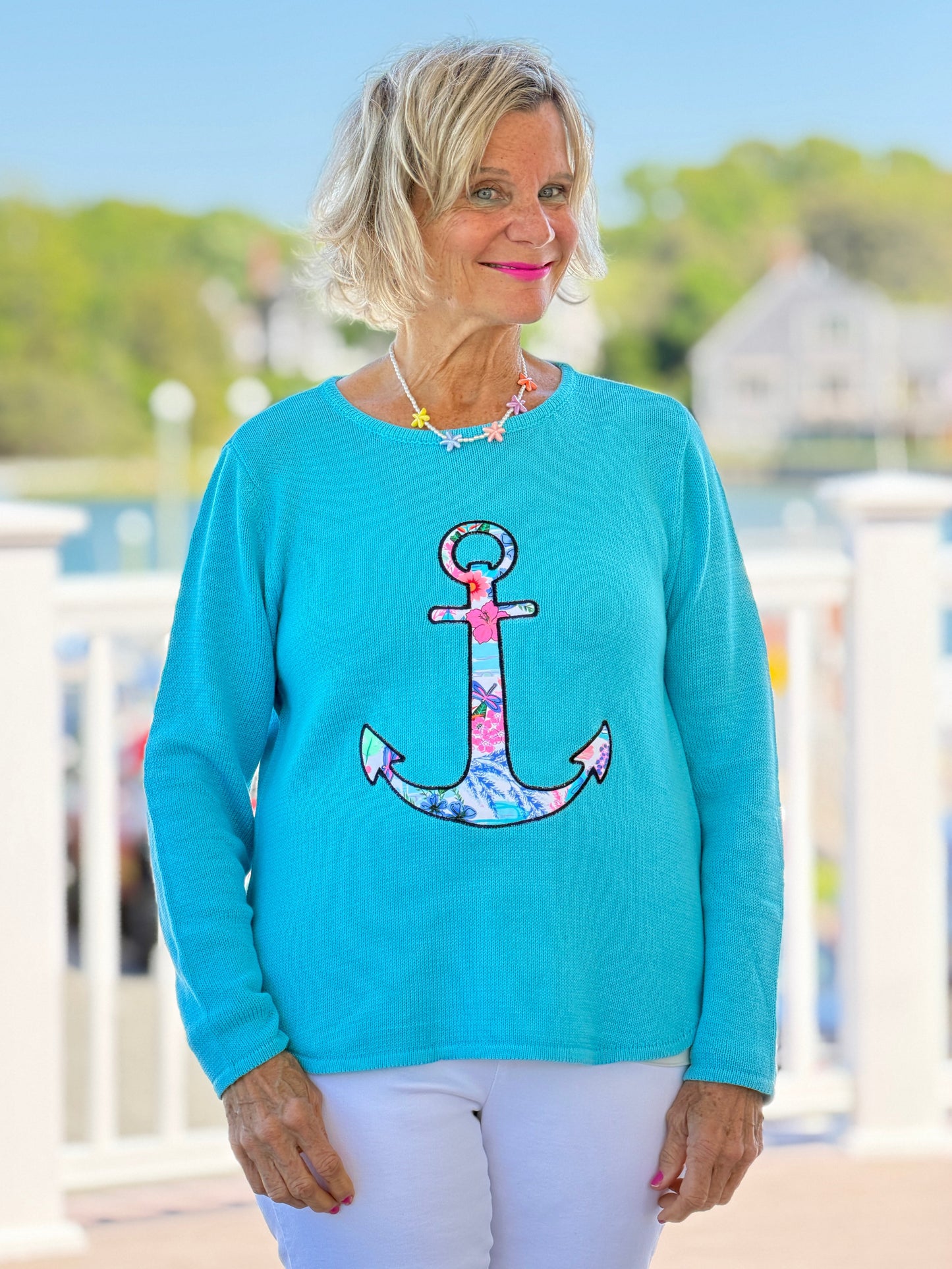 BEACH CLUB AQUA CAPE COD ANCHOR SWEATER