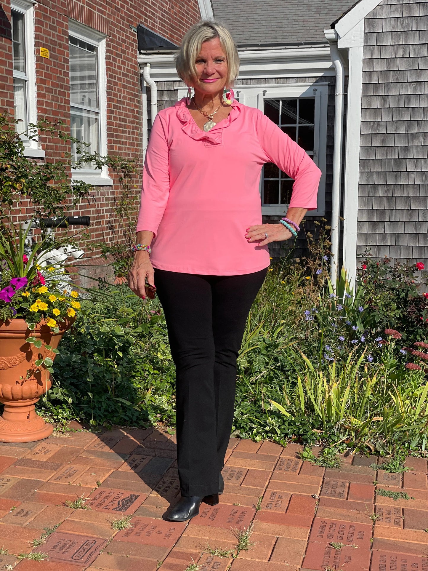 LULU-B SOLID CORAL RUFFLE TOP