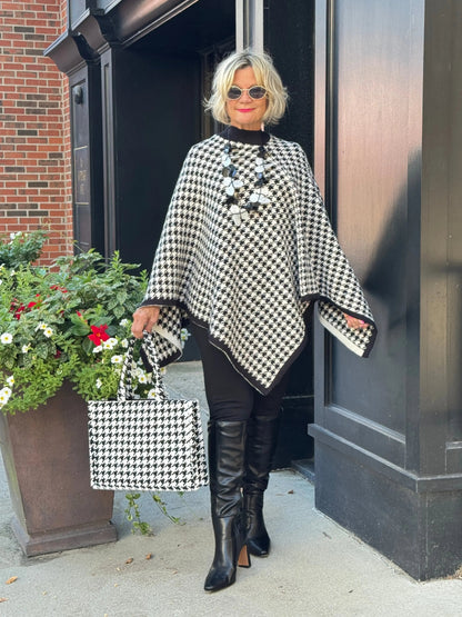 Houndstooth Knit Poncho Cape