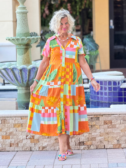 Casual Bohemian ORANGE high-waisted color contrast dress