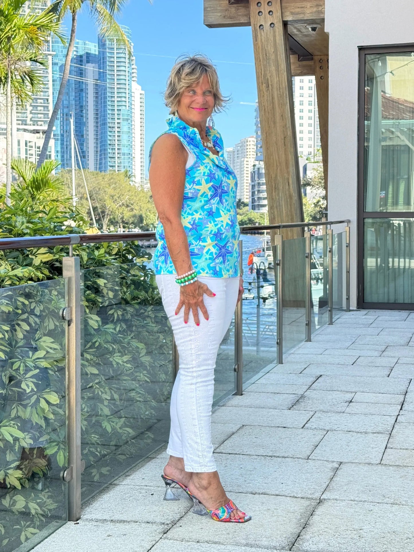 LULU B STARFISH SPLASH SLEEVELESS RUFFLE TOP