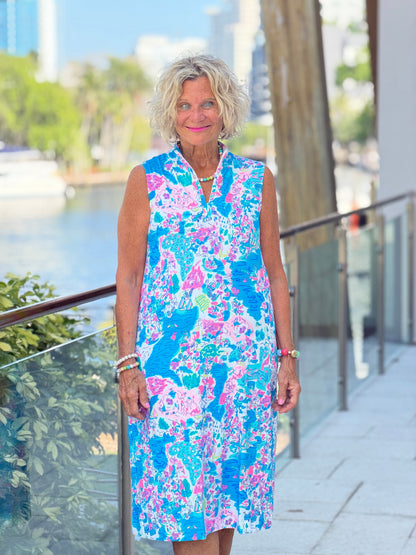 LULU B PALM BEACH SPALSH HALF ZIPPER MIDDY DRESS
