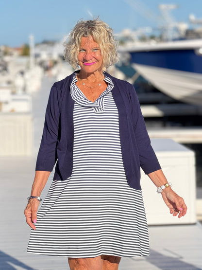 DOCKSIDE NAVY SLEEVELESS RUFFLE DRESS