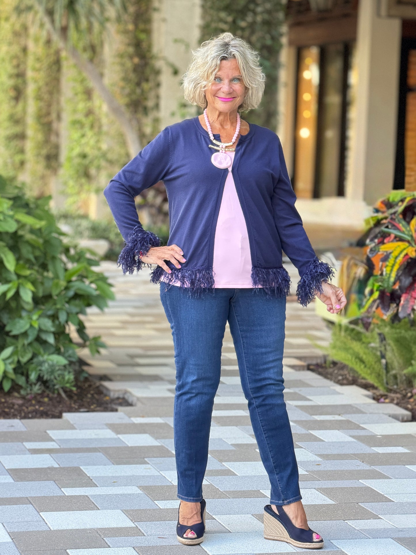 LULU-B NAVY CASHMERE FRINGE FANCY CARDIGAN