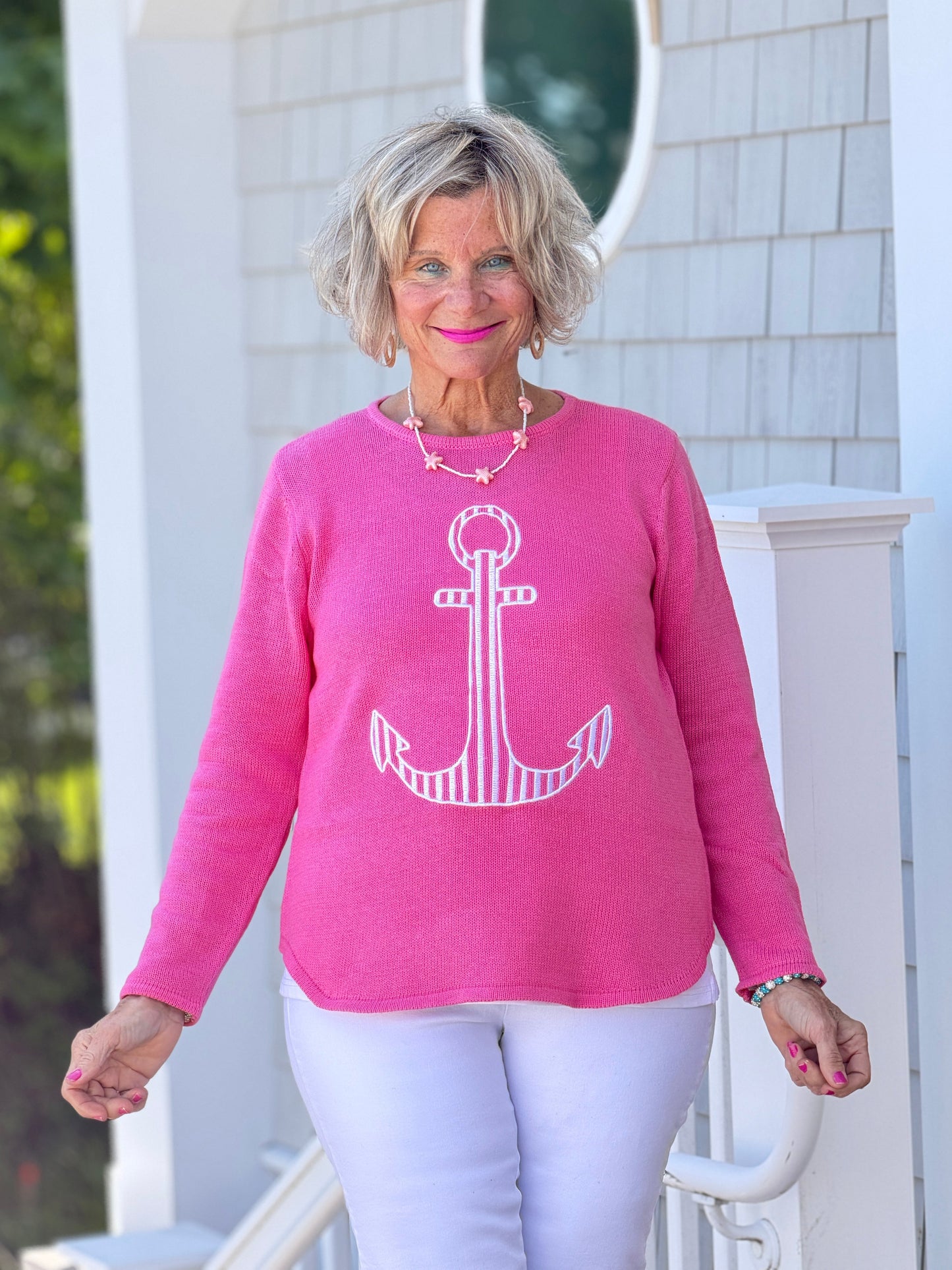 DOCKSIDE NAUTICAL PINK STRIPE ANCHOR SWEATER