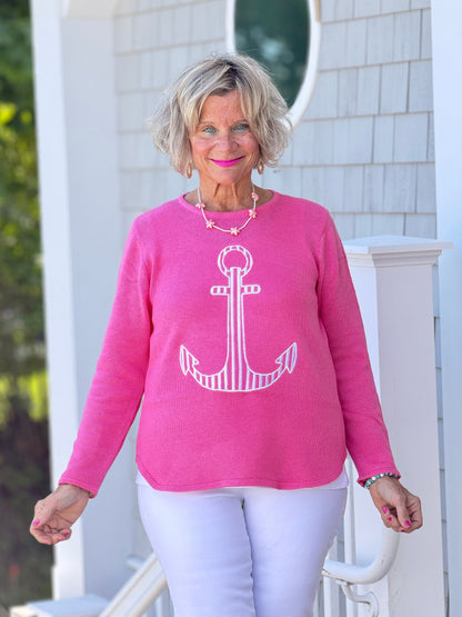 DOCKSIDE NAUTICAL PINK STRIPE ANCHOR SWEATER