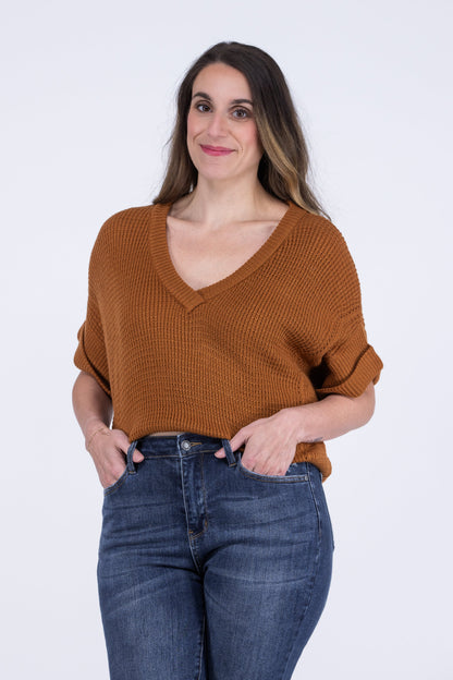 Muted Messages Women's Ribbed Knit Short Sleeve Sweater